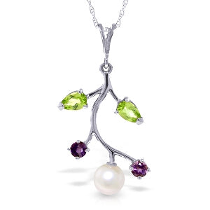 2.7 Carat 14K Solid White Gold Necklace Amethyst, Peridot Pearl
