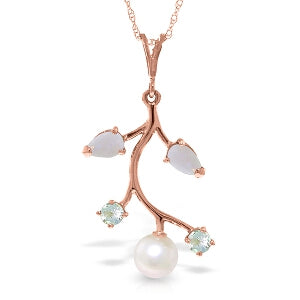 14K Solid Rose Gold Necklace w/ Opals, Aquamarines & Pearl