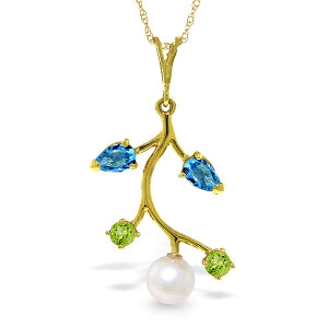 2.7 Carat 14K Solid Yellow Gold Necklace Blue Topaz, Peridot Pearl
