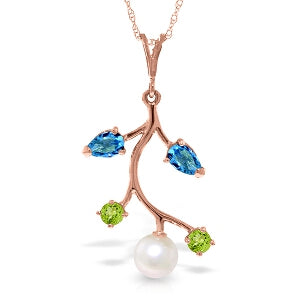 14K Solid Rose Gold Necklace w/ Blue Topaz, Peridots & Pearl