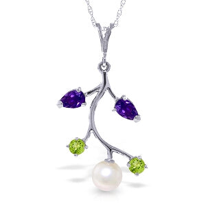 2.7 Carat 14K Solid White Gold Chagrin Amethyst Peridot Pearl Necklace