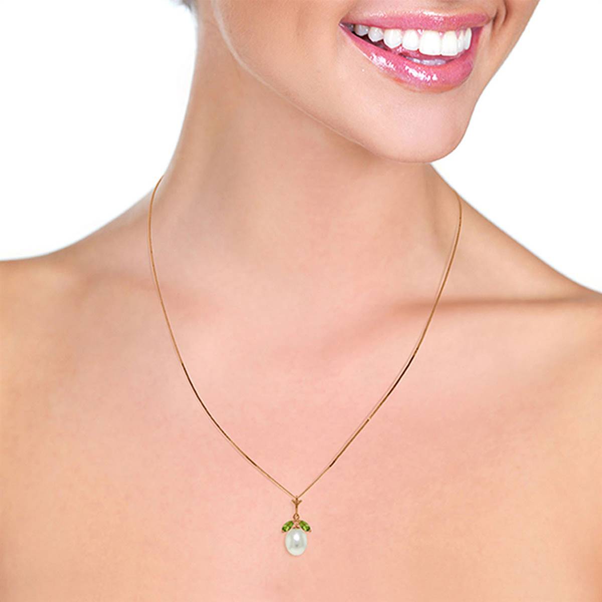 14K Solid Rose Gold Natural Pearl & Peridot Necklace