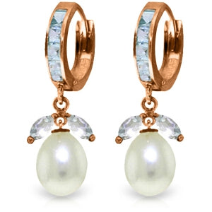 14K Solid Rose Gold Hoop Aquamarines & Pearl Earrings Certified