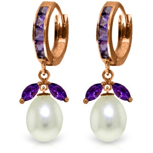 14K Solid Rose Gold Hoop Earrings w/ Amethysts & Pearls