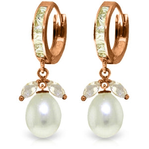 14K Solid Rose Gold Hoop Rose Topaz & Pearl Earrings Jewelry
