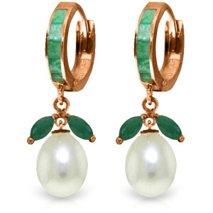 14K. SOLID ROSE GOLD HOOP EARRING WITH EMERALDS & PEARLS
