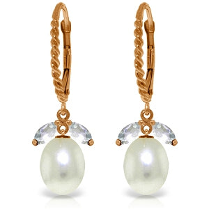 14K Solid Rose Gold Leverback Earrings w/ Aquamarine & Pearls