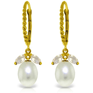 9 Carat 14K Solid Yellow Gold Leverback Earrings White Topaz Pearl