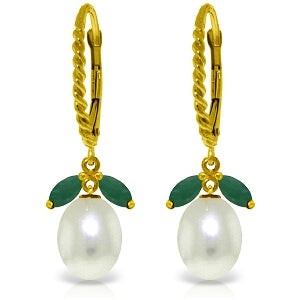 9 Carat 14K Solid Yellow Gold Leverback Earrings Emerald Pearl