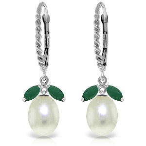 9 Carat 14K Solid White Gold Leverback Earrings Emerald Pearl