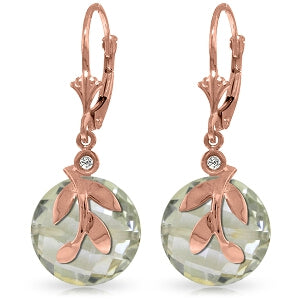 14K Solid Rose Gold Leverback Earrings w/ Green Amethyst & Diamonds