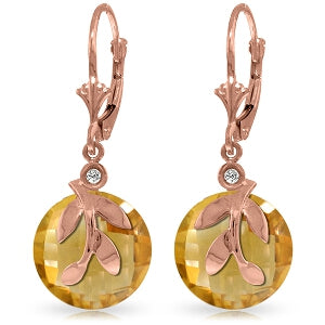 14K Solid Rose Gold Leverback Earrings Citrine & Diamond Gemstone