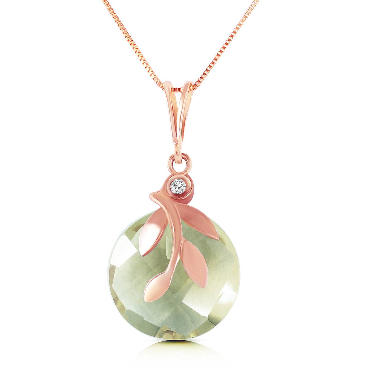 14K Solid Rose Gold Necklace w/ Natural Green Amethyst & Diamond