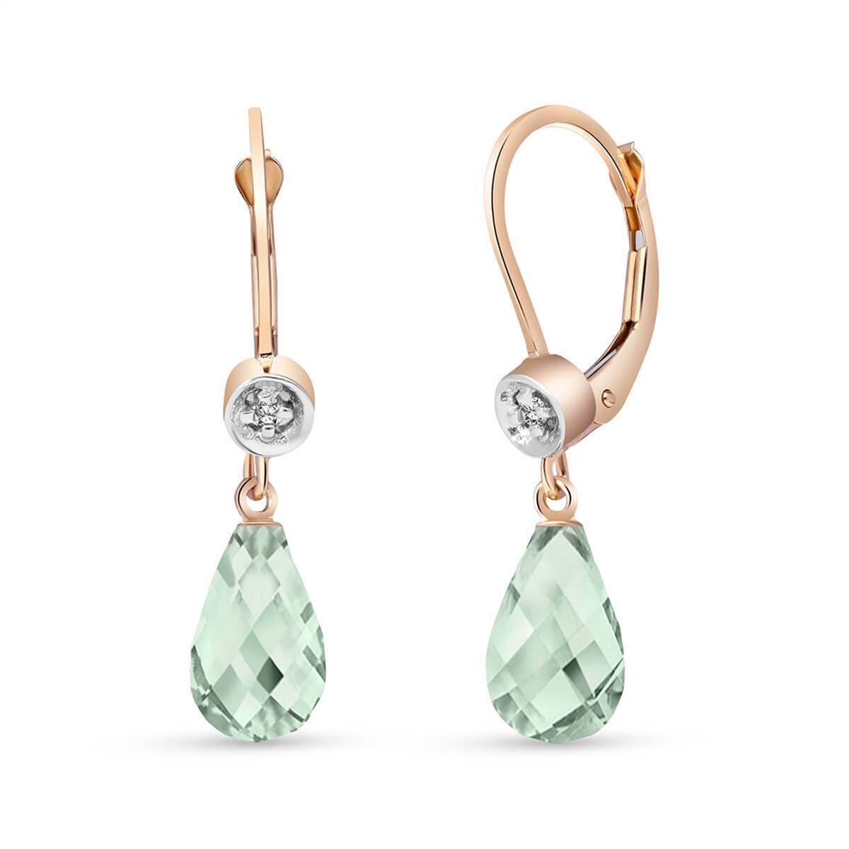 14K Solid Rose Gold Leverback Earrings Diamond & Green Amethyst Certified