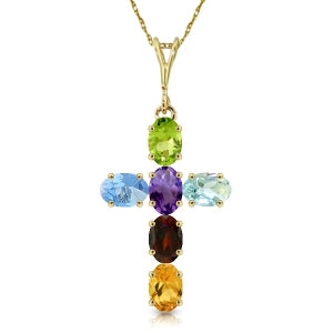 1.5 Carat 14K Solid Yellow Gold Cross Necklace Natural Multicolor Gems