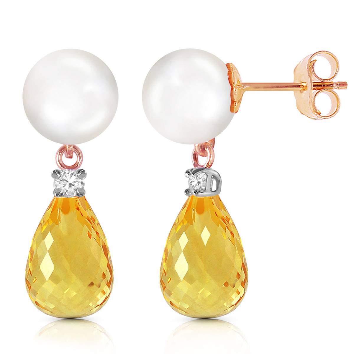 14K Solid Rose Gold Stud Earrings w/ Diamonds, Citrine & Pearl