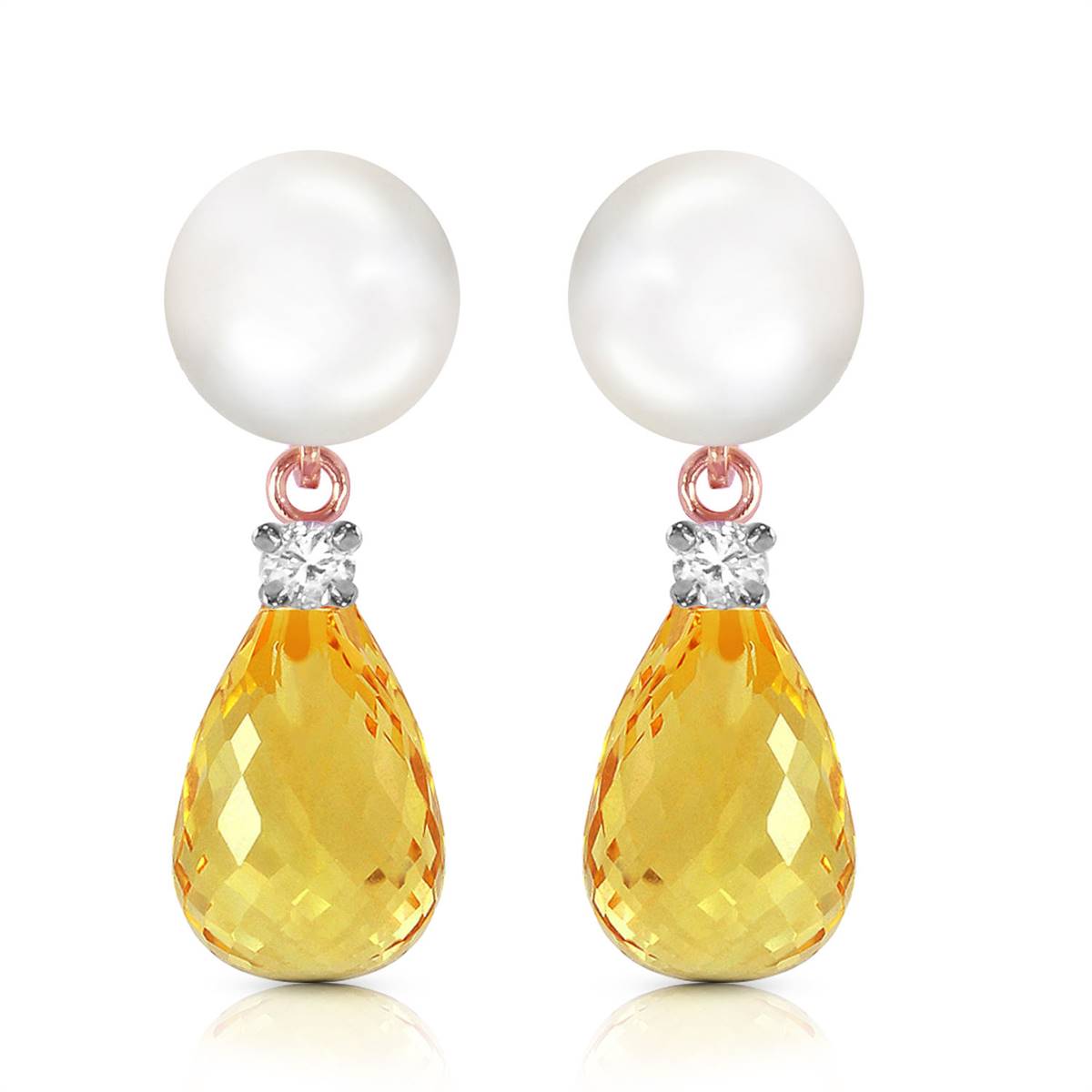 14K Solid Rose Gold Stud Earrings w/ Diamonds, Citrine & Pearl