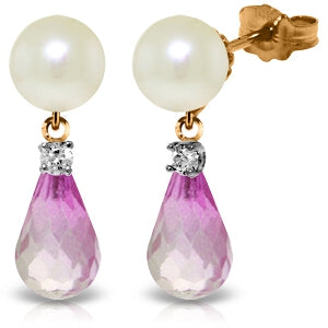 14K Solid Rose Gold Stud Earrings w/ Diamonds, Pink Topaz & Pearls