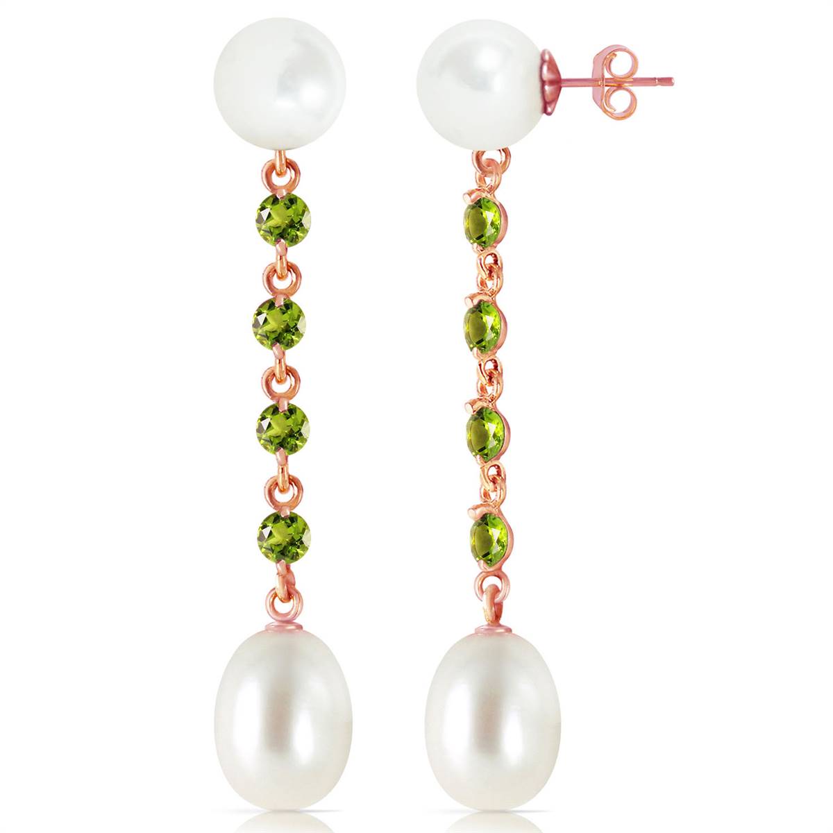14K Solid Rose Gold Chandelier Peridot/Pearl Earrings