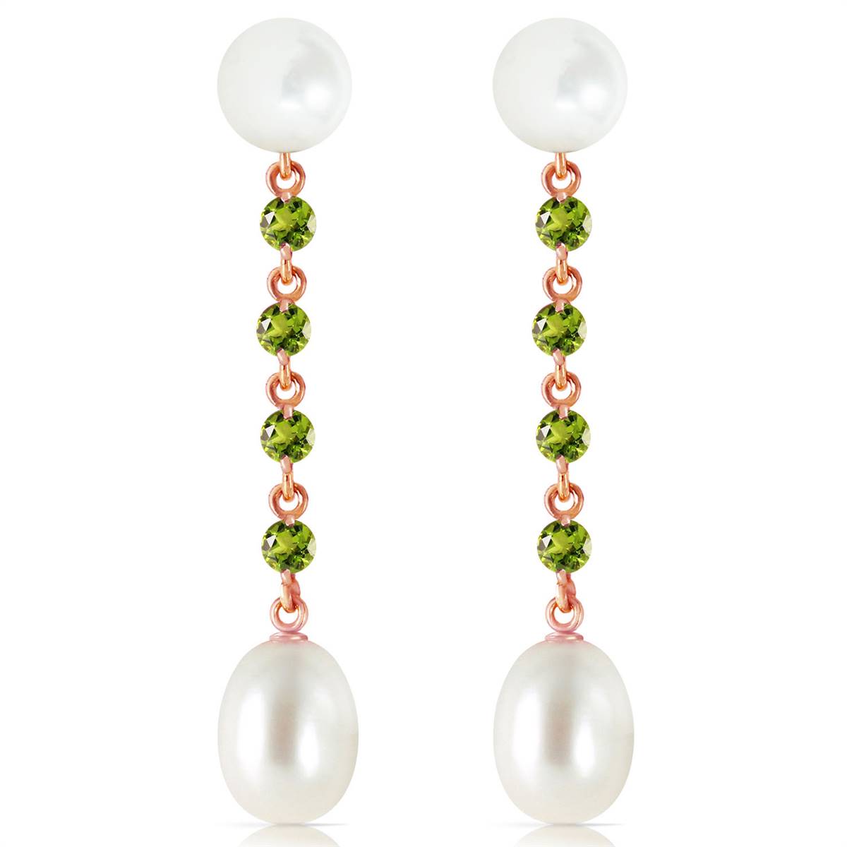 14K Solid Rose Gold Chandelier Peridot/Pearl Earrings
