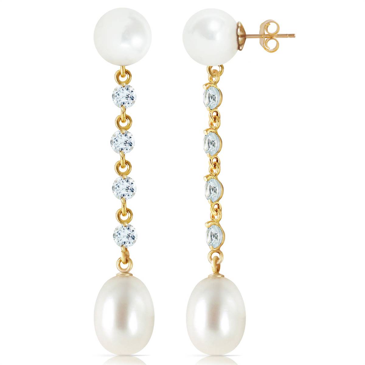11 Carat 14K Solid Yellow Gold Chandelier Earrings Aquamarine Pearl