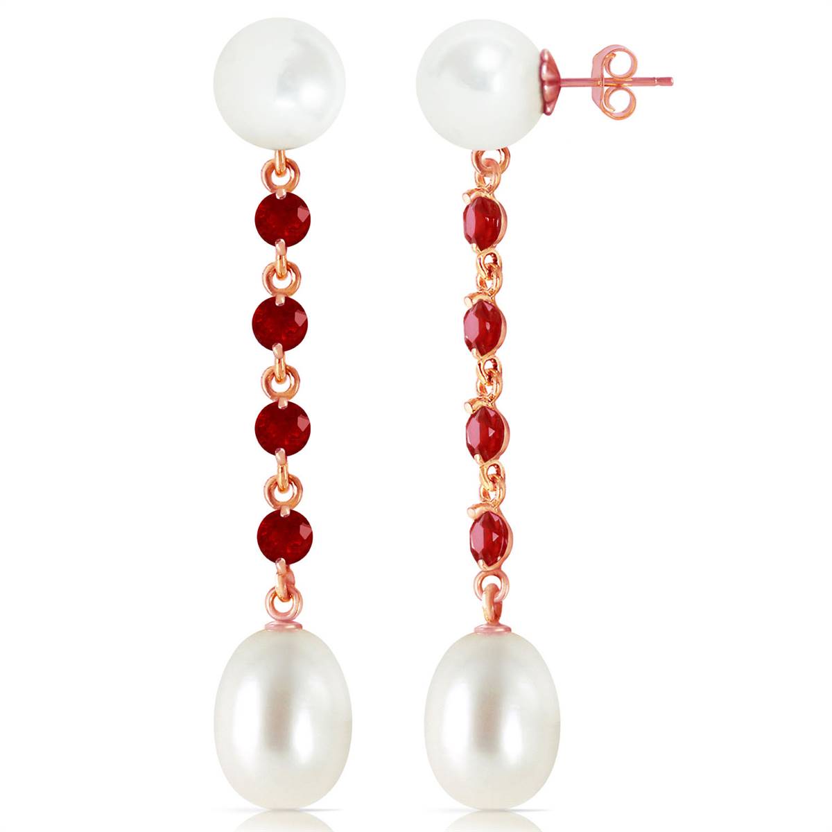 14K Solid Rose Gold Chandelier Ruby/Pearl Earrings