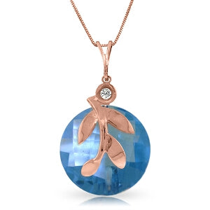 14K Solid Rose Gold Necklace w/ Checkerboard Cut Blue Topaz & Diamond