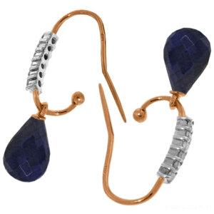14K Solid Rose Gold Fish Hook Diamond & Sapphire Earrings Gemstone
