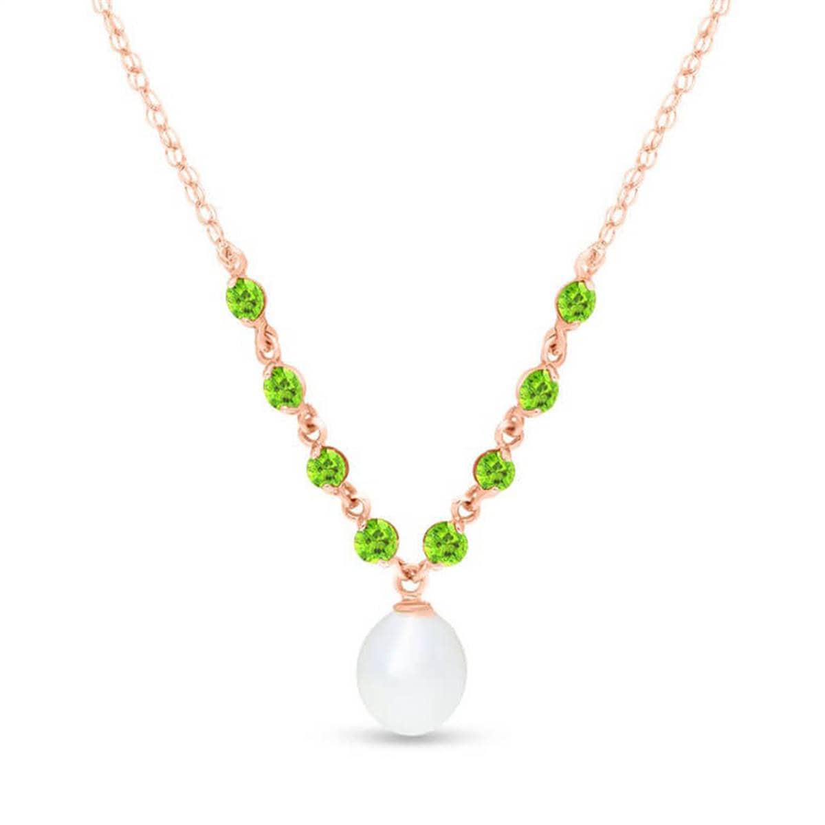 14K Solid Rose Gold Necklace w/ Natural Peridots & Pearl