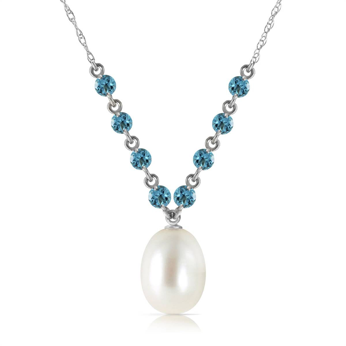 5 Carat 14K Solid White Gold Necklace Natural Blue Topaz Pearl
