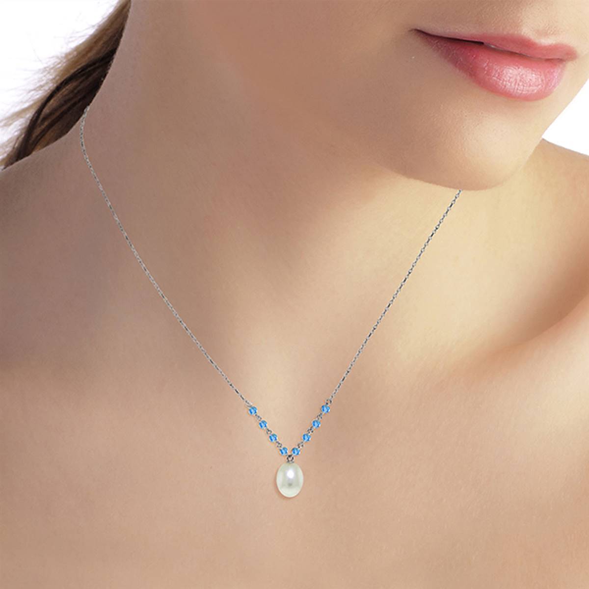 5 Carat 14K Solid White Gold Necklace Natural Blue Topaz Pearl