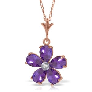 14K Solid Rose Gold Necklace w/ Natural Purple Amethysts & Diamond