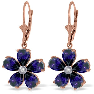 14K Solid Rose Gold Leverback Earrings w/ Sapphires & Diamonds
