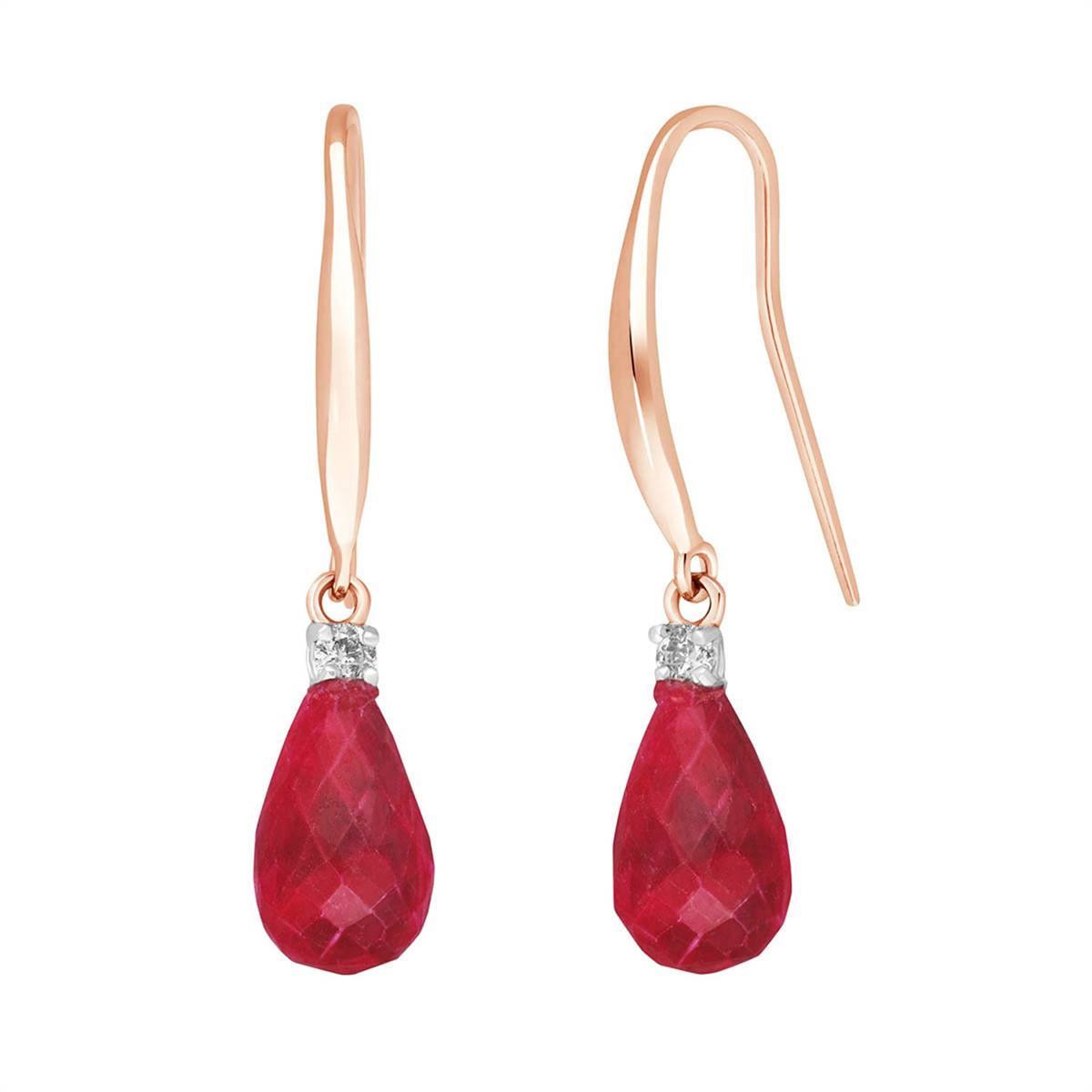 14K Solid Rose Gold Fish Hook Diamond & Ruby Earrings Certified