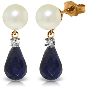 14K Solid Rose Gold Stud Earrings w/ Diamonds, Sapphire & Pearl