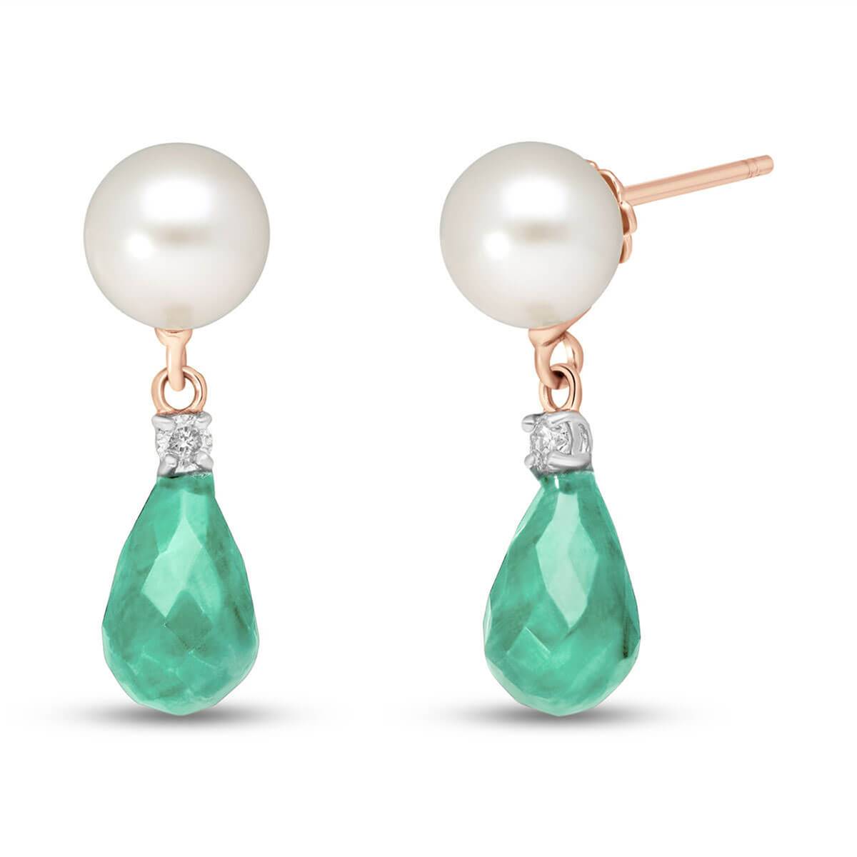 14K Solid Rose Gold Stud Earrings w/ Diamonds, Emerald & Pearls