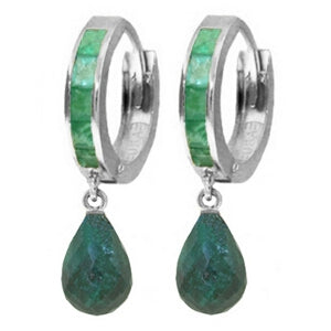 14K. SOLID WHITE GOLD HOOP EARRINGS WITH DANGLING EMERALDS