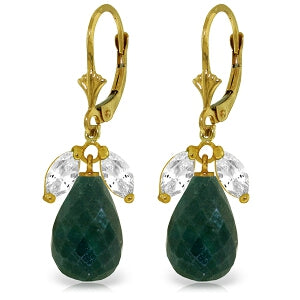 18.6 Carat 14K Solid Yellow Gold Leverback Earrings Emerald White Topaz