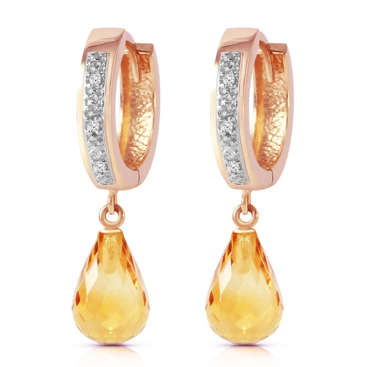 14K Solid Rose Gold Hoop Earrings w/ Diamonds & Citrines