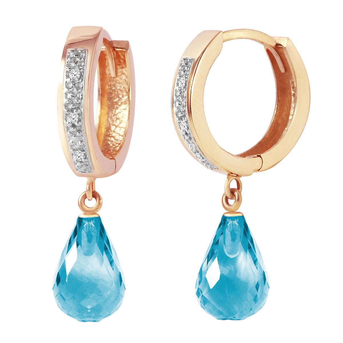 14K Solid Rose Gold Hoop Earrings w/ Diamonds & Blue Topaz
