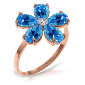 14K Solid Rose Gold Ring Natural Diamond & Blue Topaz Gemstone Genuine