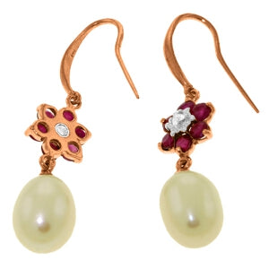 14K Solid Rose Gold Fish Hook Earrings w/ Diamonds, Rubies & Pearls