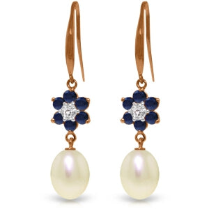 14K Solid Rose Gold Fish Hook Earrings w/ Diamonds, Sapphires & Pearls