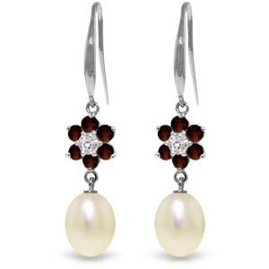9.01 Carat 14K Solid White Gold Fish Hook Earrings Diamond, Garnet Pearl