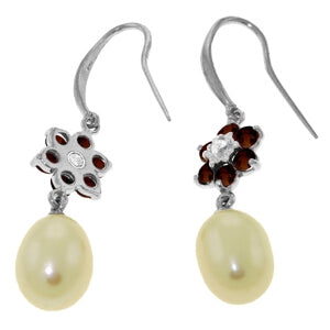 9.01 Carat 14K Solid White Gold Fish Hook Earrings Diamond, Garnet Pearl