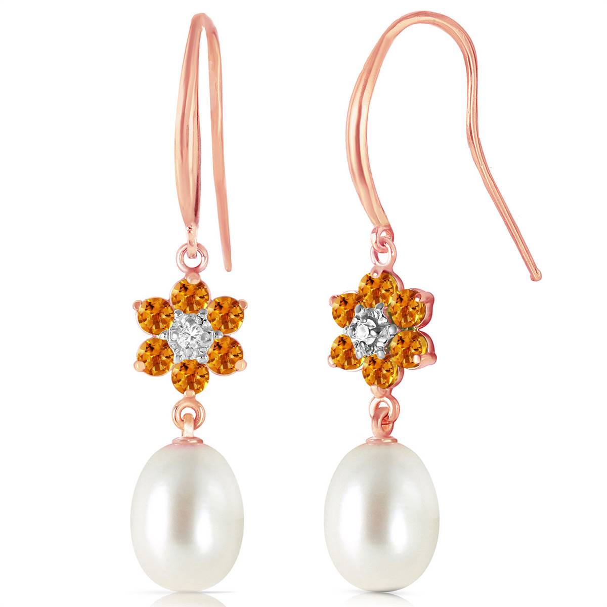 14K Solid Rose Gold Fish Hook Earrings w/ Diamonds, Citrines & Pearls