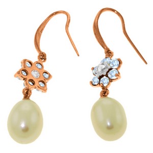 14K Solid Rose Gold Fish Hook Earrings w/ Diamonds, Aquamarines & Pearl