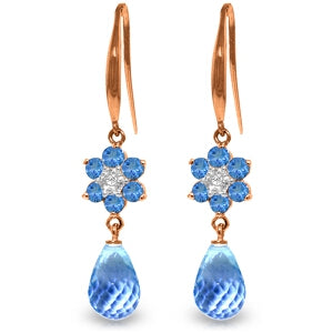 14K Solid Rose Gold Fish Hook Earrings w/ Diamond & Blue Topaz