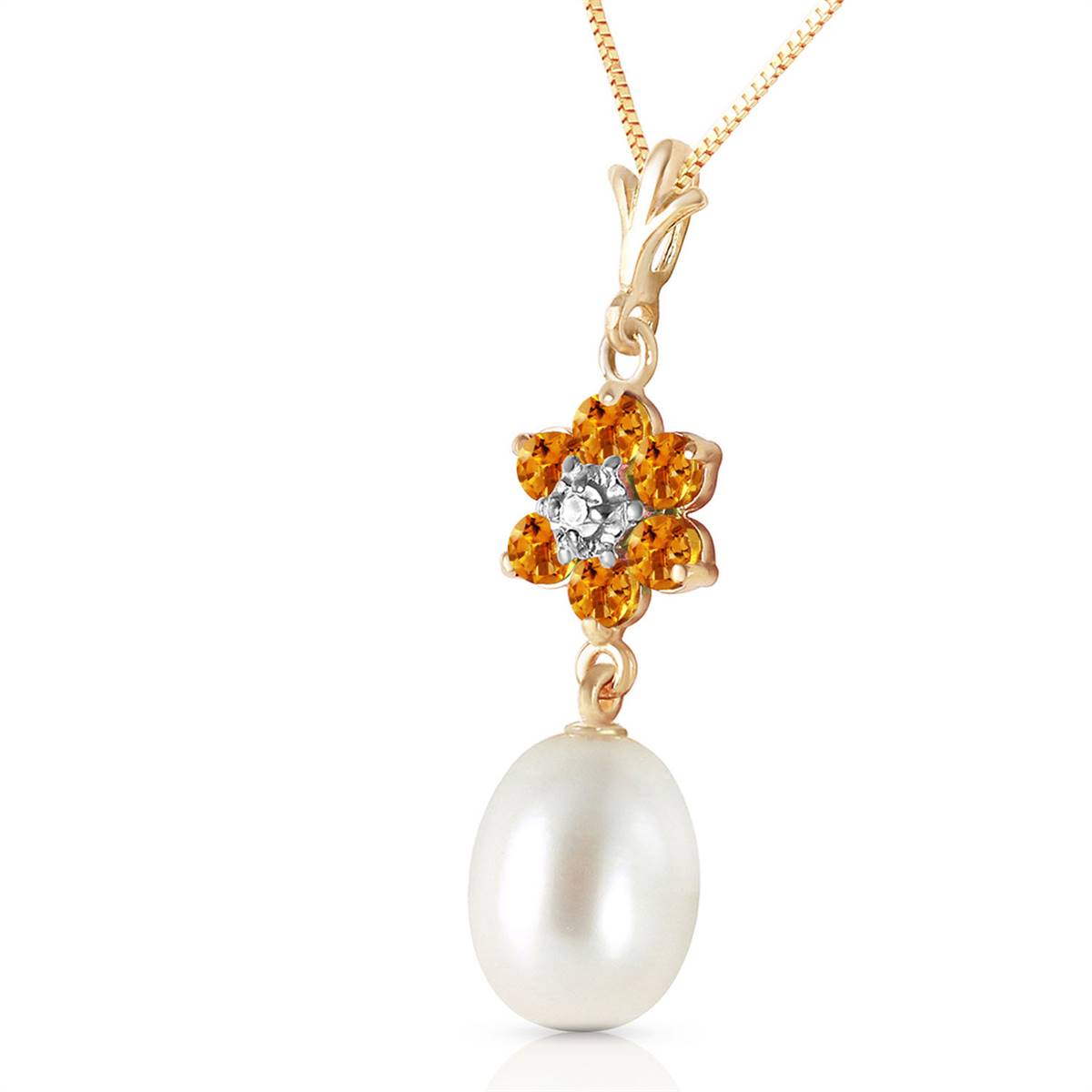 4.53 Carat 14K Solid Yellow Gold Necklace Natural Pearl, Citrine Diamond