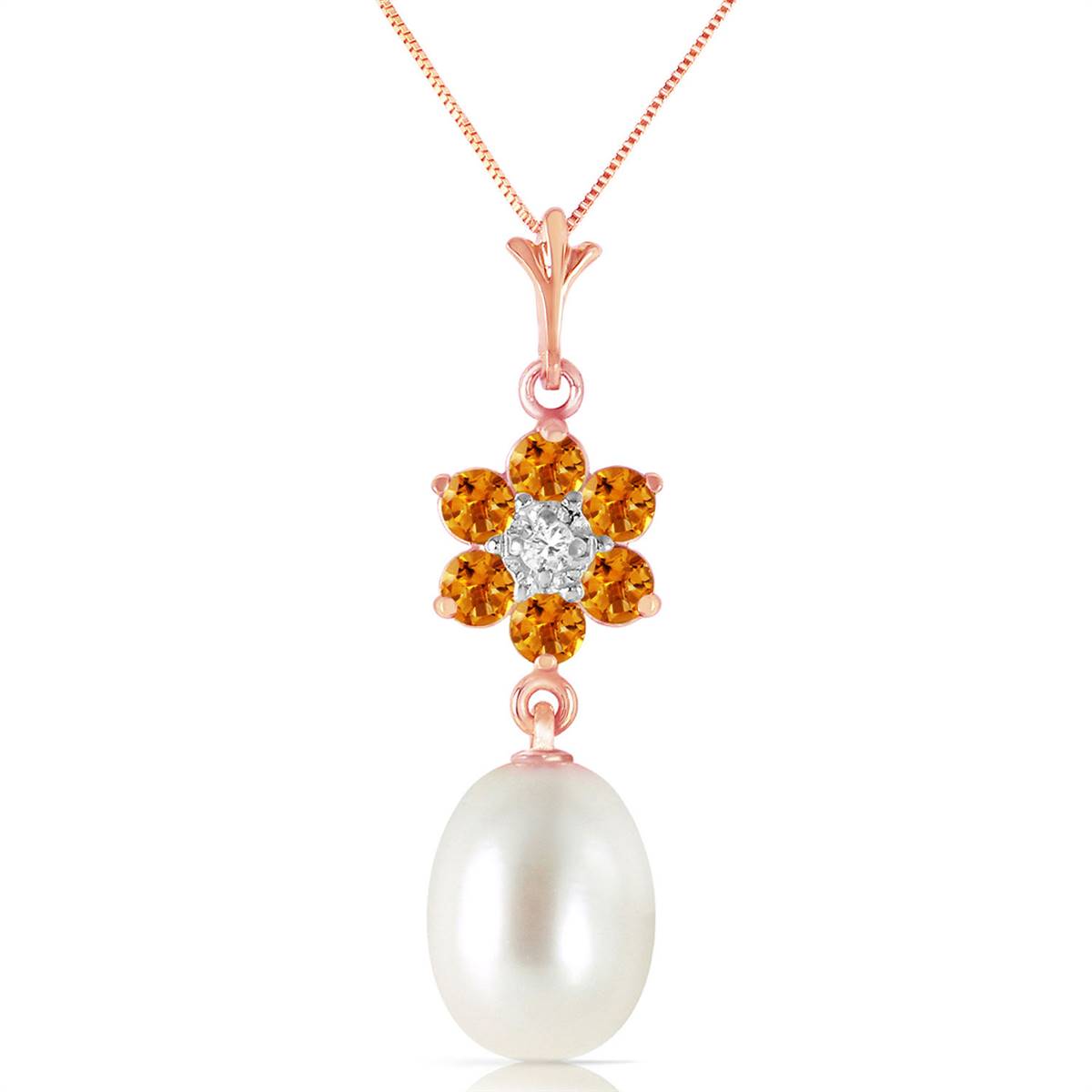 4.53 Carat 14K Solid Rose Gold Necklace Natural Pearl, Citrine Diamond